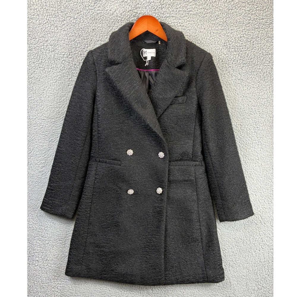 Milly Double Breasted Peacoat Womens S Black Boucle Crystal Button Winter